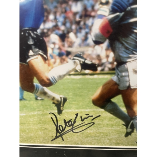 61 - A FRAMED 1986 WORLD CUP 'HAND OF GOD' PHOTO SIGNED BY PETER SHILTON, WITH ALL STAR SIGNINGS CERTIFIC... 