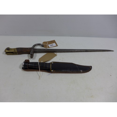 305 - A FRENCH GRAS BAYONET CIRCA 1870, 40.5CM BLADE, KNIFE AND LEATHER SCABBARD BOWIE BLADE (2)