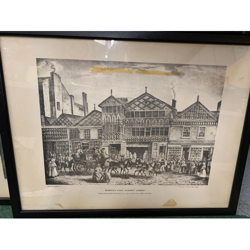 152 - SIX BLACK FRAMED PRINTS OF MANCHESTER TO INCLUDE LATE DOCTOR WHITES HOUSE, TWO MARKET STREET, MARKET... 