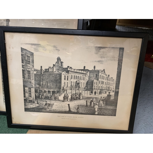 152 - SIX BLACK FRAMED PRINTS OF MANCHESTER TO INCLUDE LATE DOCTOR WHITES HOUSE, TWO MARKET STREET, MARKET... 