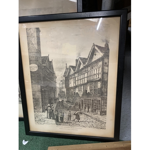 152 - SIX BLACK FRAMED PRINTS OF MANCHESTER TO INCLUDE LATE DOCTOR WHITES HOUSE, TWO MARKET STREET, MARKET... 