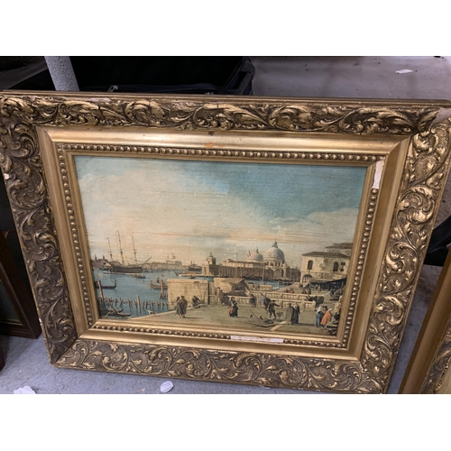 157A - TWO OIL ON CANVAS OF ST MARKS SQUARE AND A VENETIAN HARBOUR, GILT FRAMED, 19