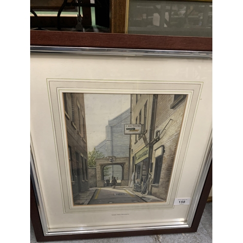 158 - SIX VARIOUS FRAMED PRINTS OF BUILDINGS AND STREETS TO INCLUDE A GELDART LIMITED EDITION, CHRISTMAS S... 