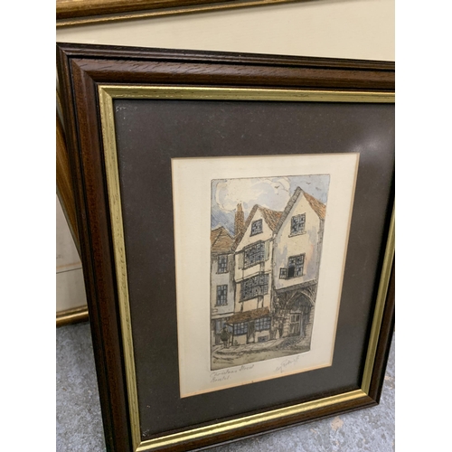 158 - SIX VARIOUS FRAMED PRINTS OF BUILDINGS AND STREETS TO INCLUDE A GELDART LIMITED EDITION, CHRISTMAS S... 