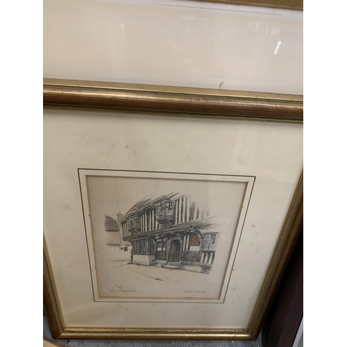 158 - SIX VARIOUS FRAMED PRINTS OF BUILDINGS AND STREETS TO INCLUDE A GELDART LIMITED EDITION, CHRISTMAS S... 