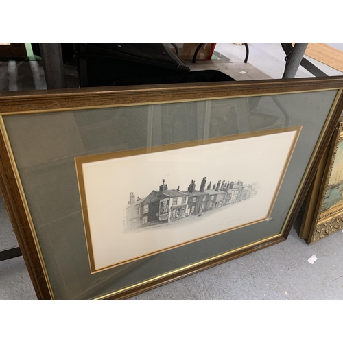 158 - SIX VARIOUS FRAMED PRINTS OF BUILDINGS AND STREETS TO INCLUDE A GELDART LIMITED EDITION, CHRISTMAS S... 