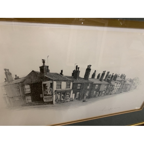 158 - SIX VARIOUS FRAMED PRINTS OF BUILDINGS AND STREETS TO INCLUDE A GELDART LIMITED EDITION, CHRISTMAS S... 