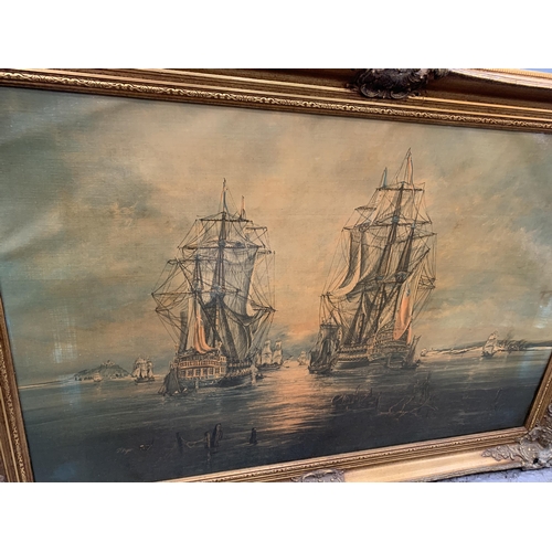 159 - T DYER, AN OIL ON CANVAS OF A NAVAL SCENE, GILT FRAMED, 36