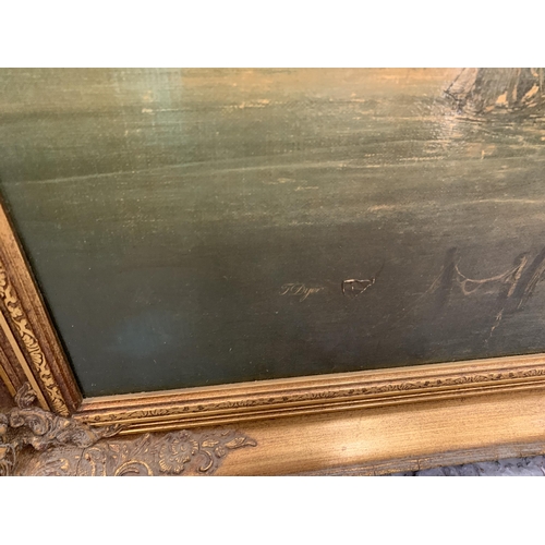 159 - T DYER, AN OIL ON CANVAS OF A NAVAL SCENE, GILT FRAMED, 36