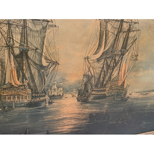 159 - T DYER, AN OIL ON CANVAS OF A NAVAL SCENE, GILT FRAMED, 36