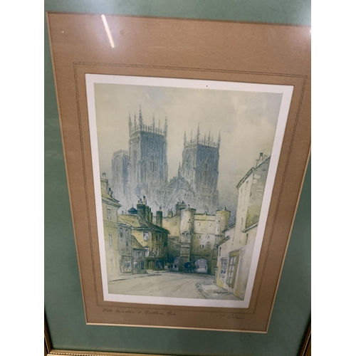 161 - TWO FRAMED AND SIGNED PRINTS YORK MINSTER AND BOOTHAM BAR BY F ROBSON AND A BIT OF OLD LEITH BY T WI... 