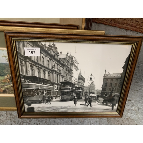 167 - FOUR PICTURES TO INCLUDE A FRAMED AND SIGNED CHARCOAL DRAWING OF TOWER BRIDGE LONDON BY F ROBSON, TW... 