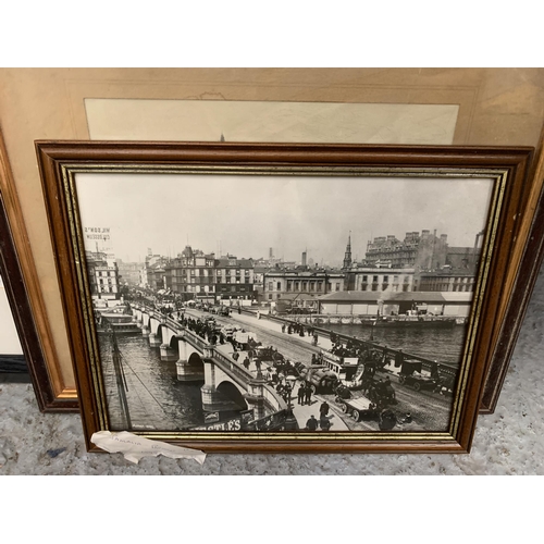 167 - FOUR PICTURES TO INCLUDE A FRAMED AND SIGNED CHARCOAL DRAWING OF TOWER BRIDGE LONDON BY F ROBSON, TW... 