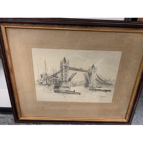 167 - FOUR PICTURES TO INCLUDE A FRAMED AND SIGNED CHARCOAL DRAWING OF TOWER BRIDGE LONDON BY F ROBSON, TW... 