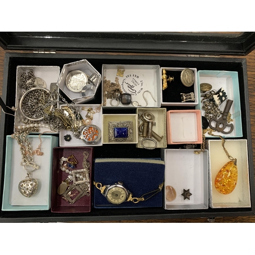 65 - A GLASS TOPPED JEWELLERY DISPLAY BOX WITH CONTENTS