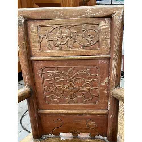 101A - A VINTAGE CHINESE CARVED HARDWOOD CHILD'S ARMCHAIR WITH LOWER DRAWER TO SEAT, HEIGHT 80CM, WIDTH 53C... 