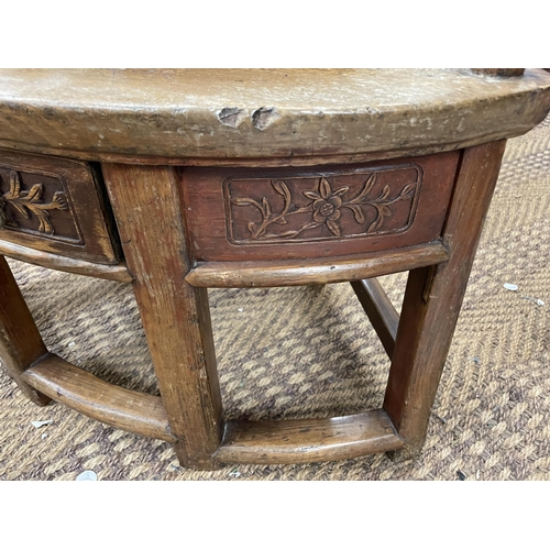 101A - A VINTAGE CHINESE CARVED HARDWOOD CHILD'S ARMCHAIR WITH LOWER DRAWER TO SEAT, HEIGHT 80CM, WIDTH 53C... 