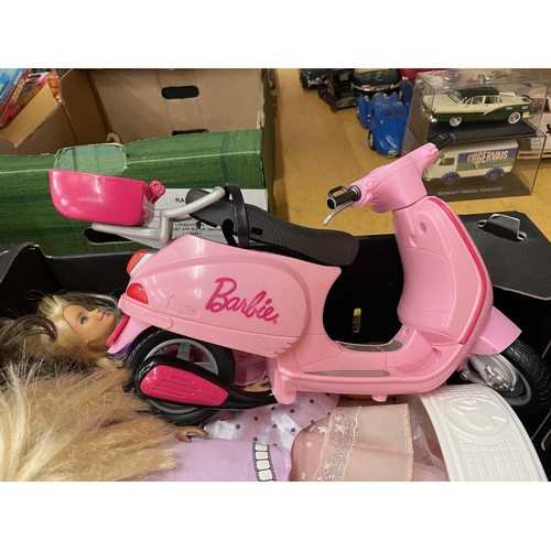 404 - TEN VINTAGE BARBIE DOLLS, A BARBIE SCOOTER AND A BARBIE SHOWER