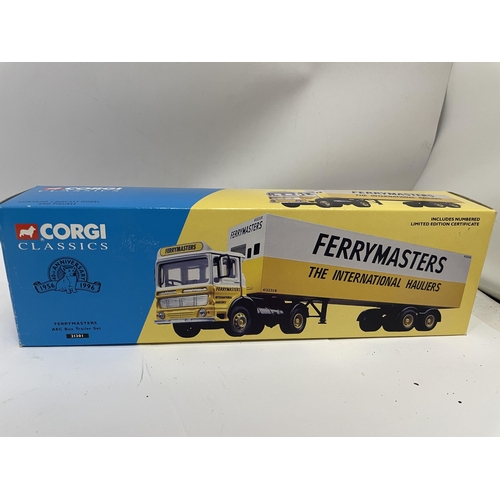 416 - TWO CORGI CLASSICS TO INCLUDE FERRYMASTERS AEC BOXED TRAILER SET NO. 21301 AND A WALL'S AEC REFRIGER... 