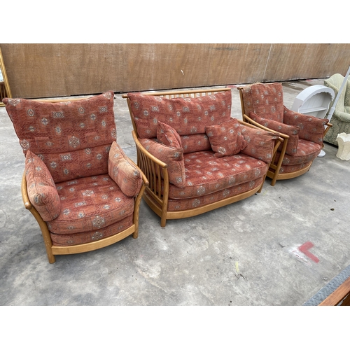 2793 - AN ELM ERCOL RENAISSANCE THREE PIECE SUITE COMPRISING TWO SEATER SETTEE AND TWO EASY CHAIRS