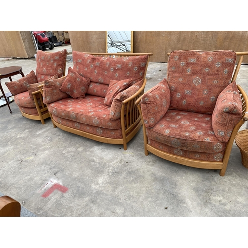 2793 - AN ELM ERCOL RENAISSANCE THREE PIECE SUITE COMPRISING TWO SEATER SETTEE AND TWO EASY CHAIRS