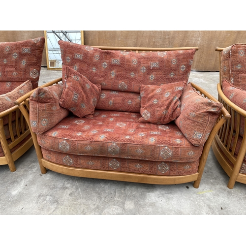 2793 - AN ELM ERCOL RENAISSANCE THREE PIECE SUITE COMPRISING TWO SEATER SETTEE AND TWO EASY CHAIRS