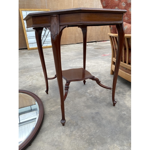 2794 - A LATE VICTORIAN TWO TIER MAHOGANY CENTRE TABLE AND OVAL WALL MIRROR