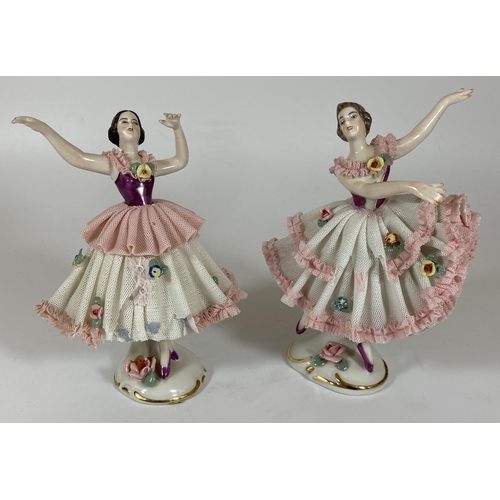 101 - A GROUP OF SIX ANTIQUE CONTINENTAL DRESDEN LACE FIGURES TO INCLUDE LARGE ERNST BOHNE & SONS FLAMENCO... 