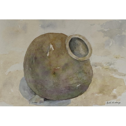 103 - A VINTAGE FRAMED SWEDISH WATERCOLOUR OF A POT, SIGNED RUTH LAUDRUP, WITH LABEL TO REVERSE, 25 X 29CM