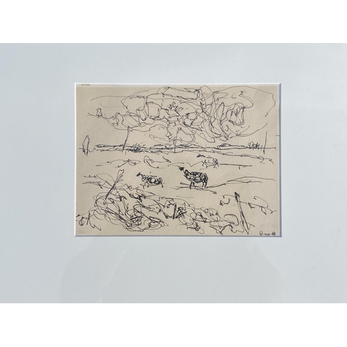 105 - TWO VINTAGE MID CENTURY SIGNED ABSTRACT PENCIL DRAWINGS TO INCLUDE A DUO EXAMPLE SIGNED UMO '68, 34 ... 