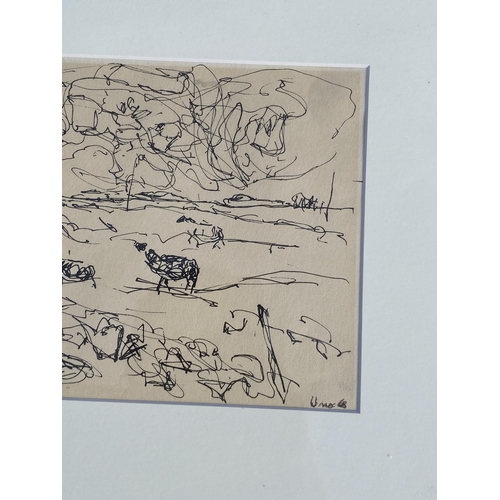 105 - TWO VINTAGE MID CENTURY SIGNED ABSTRACT PENCIL DRAWINGS TO INCLUDE A DUO EXAMPLE SIGNED UMO '68, 34 ... 