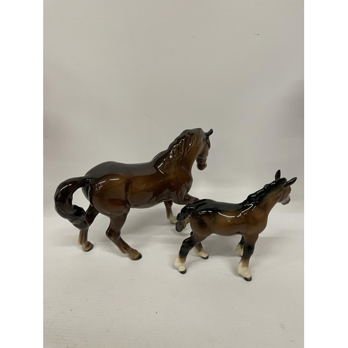 703 - TWO BESWICK BROWN GLOSS HORSE MODELS - MARE FACING LEFT AND FOAL