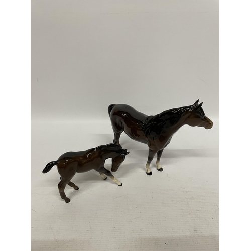 705 - TWO BESWICK BROWN GLOSS HORSE MODELS - HORSE AND FOAL