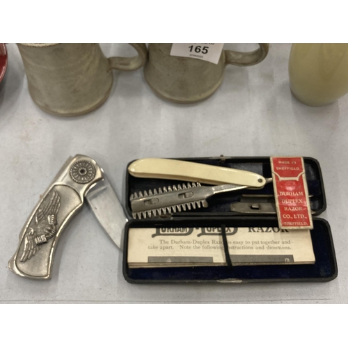 166 - A BOXED VINTAGE DURHAM DUPLEX RAZOR AND EAGLE PEN KNIFE