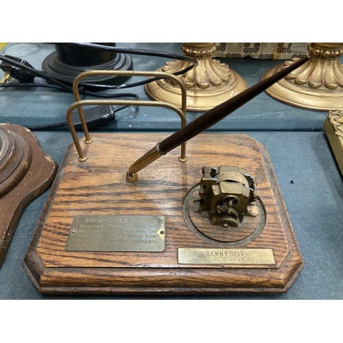 182 - A MIXED LOT OF WOODEN WARE AND TREEN ITEMS, BOXES, EDISON STOCK TICKER, WOODEN ELEPHANT, BAROMETER E... 