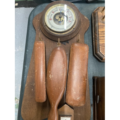 182 - A MIXED LOT OF WOODEN WARE AND TREEN ITEMS, BOXES, EDISON STOCK TICKER, WOODEN ELEPHANT, BAROMETER E... 