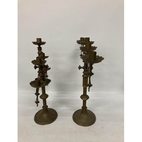 14 - A PAIR OF VINTAGE BRASS CONCERTINA STYLE CANDLESTICKS