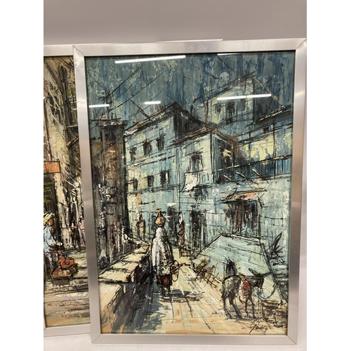 30 - A GROUP OF FIVE ORIGINAL MID CENTURY PEN & INK ABSTRACT STREET SCENE WATERCOLOURS, ALL SIGNED