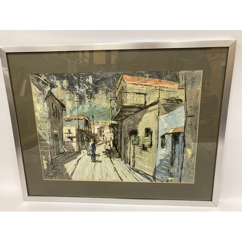 30 - A GROUP OF FIVE ORIGINAL MID CENTURY PEN & INK ABSTRACT STREET SCENE WATERCOLOURS, ALL SIGNED