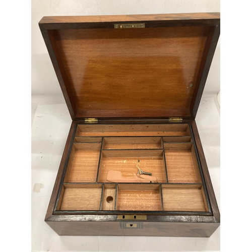 32 - A VINTAGE WALNUT JEWLLERY BOX WITH INNER LIFT OUT SECTION AND KEY