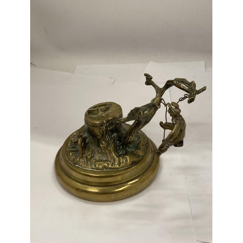 38 - A VINTAGE NOVELTY BRASS INKWELL WITH A SINGING BOY IN A TREE