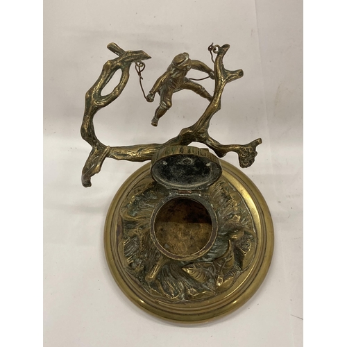 38 - A VINTAGE NOVELTY BRASS INKWELL WITH A SINGING BOY IN A TREE