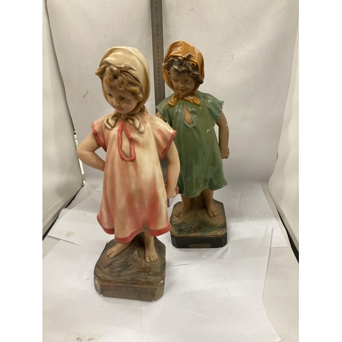 44 - TWO VINTAGE CHALKWARE STYLE FIGURES OF A BOY AND GIRL, HEIGHT 47CM