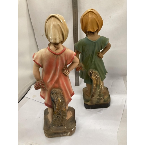 44 - TWO VINTAGE CHALKWARE STYLE FIGURES OF A BOY AND GIRL, HEIGHT 47CM