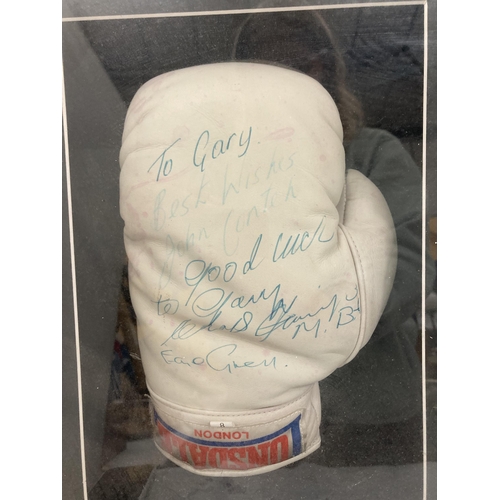 50 - A FRAMED & SIGNED JOHN CONTEH BOXING GLOVE & AUTOBIOGRAPHY BOOK