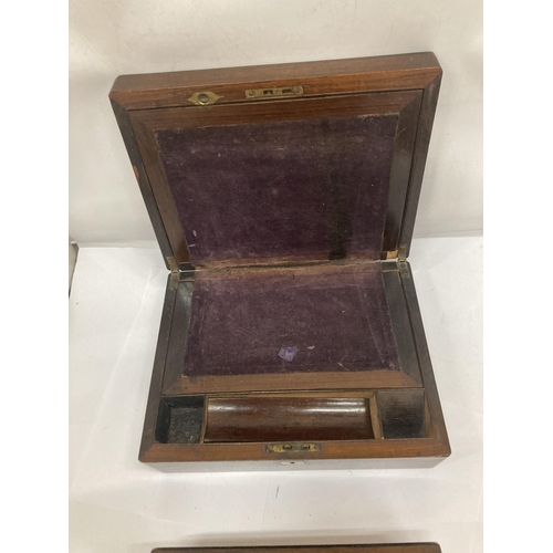 201 - A ROSEWOOD WRITING SLOPE PLUS A JEWELLERY BOX - BOTH IN NEED OF RESTORATION