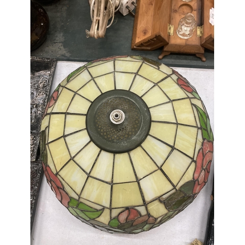 222 - A TIFFANY STYLE LEADED GLASS LAMP SHADE, 42CM - A/F TO BASE