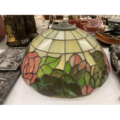 222 - A TIFFANY STYLE LEADED GLASS LAMP SHADE, 42CM - A/F TO BASE