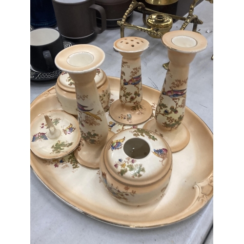 238 - A VINTAGE CERAMIC DRESSING TABLE SET WITH BIRD AND FLORAL DESIGN