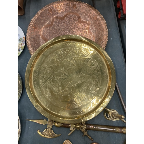 266 - A MIXED LOT OF METALWARES - COPPER AND BRASS TRAYS ETC